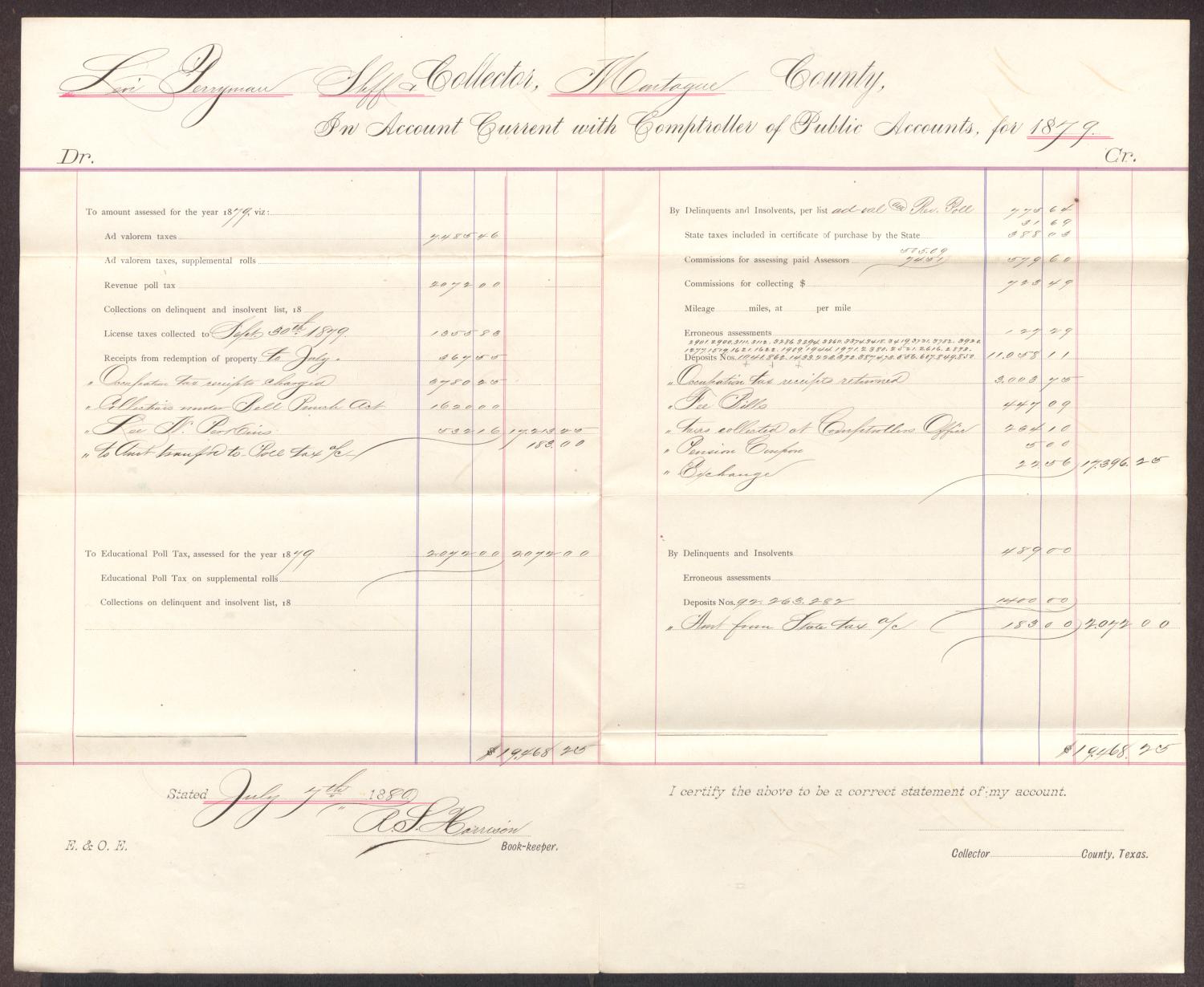 [Statement of Montague County Taxes, July 4th, 1880]
                                                
                                                    [Sequence #]: 1 of 2
                                                
