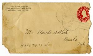 [Envelope for Claude D. White from the Melissa State Bank, March 14, 1911]