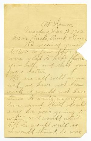 Primary view of [Letter from Birdie McGee to Mary, Charles, and Linnet Moore, December 18, 1900]