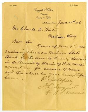 Primary view of object titled '[Letter from J. L. Doggett to Claude D. White, June 11, 1906]'.