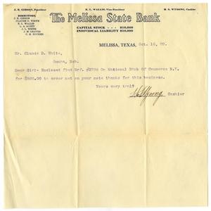 [Letter from the Melissa State Bank to Claude D. White, October 16, 1909]