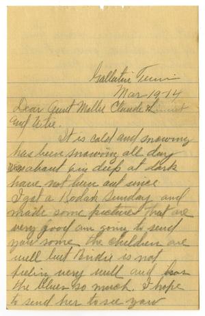 Primary view of object titled '[Letter from W. J. and Birdie McKinley to Mrs. Moore, Claude and Linnet White, and Wilie, March 19, 1914]'.