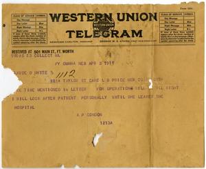 [Telegram from A. P. Condon to Claude D. White, April 3, 1917]