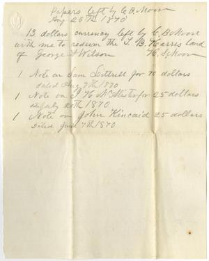 Primary view of object titled '[List of papers left by C. B. Moore, August 26, 1870]'.