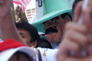 [Immigration Protester Wearing Mask and Hat]