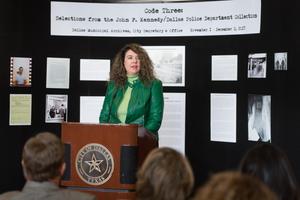 Primary view of object titled '[Dreanna Belden speaks at JFK Reception]'.
