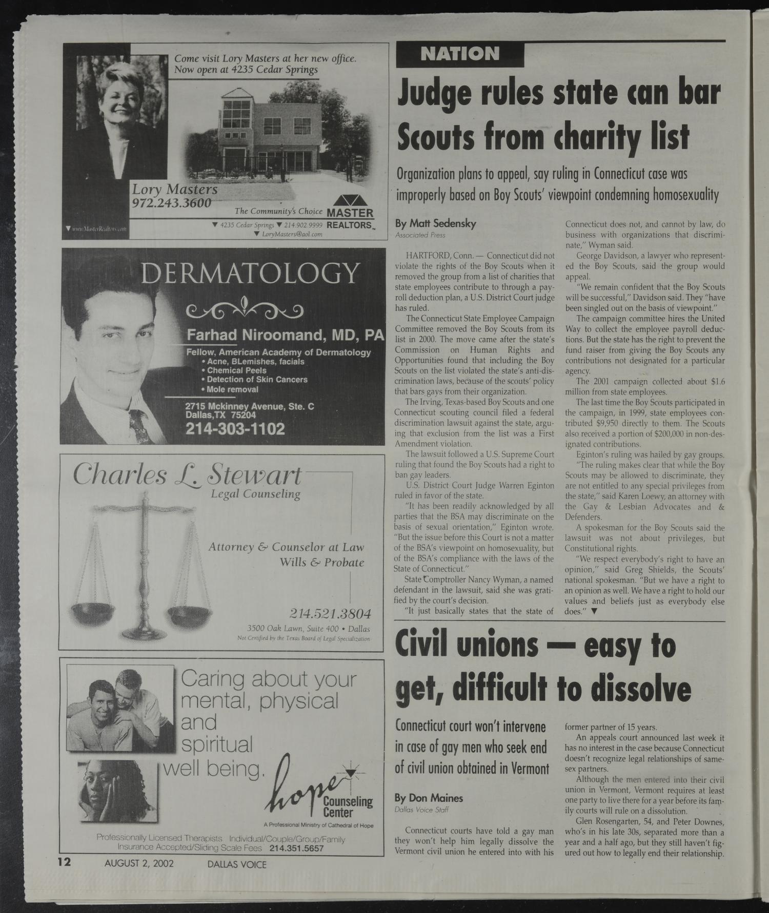 Dallas Voice (Dallas, Tex.), Vol. 19, No. 14, Ed. 1 Friday, August 2, 2002
                                                
                                                    [Sequence #]: 12 of 68
                                                