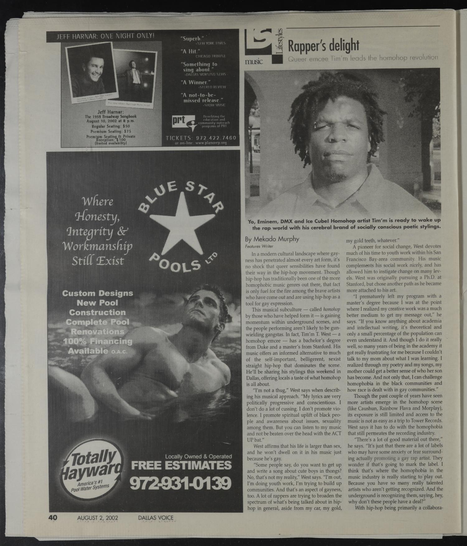 Dallas Voice (Dallas, Tex.), Vol. 19, No. 14, Ed. 1 Friday, August 2, 2002
                                                
                                                    [Sequence #]: 40 of 68
                                                