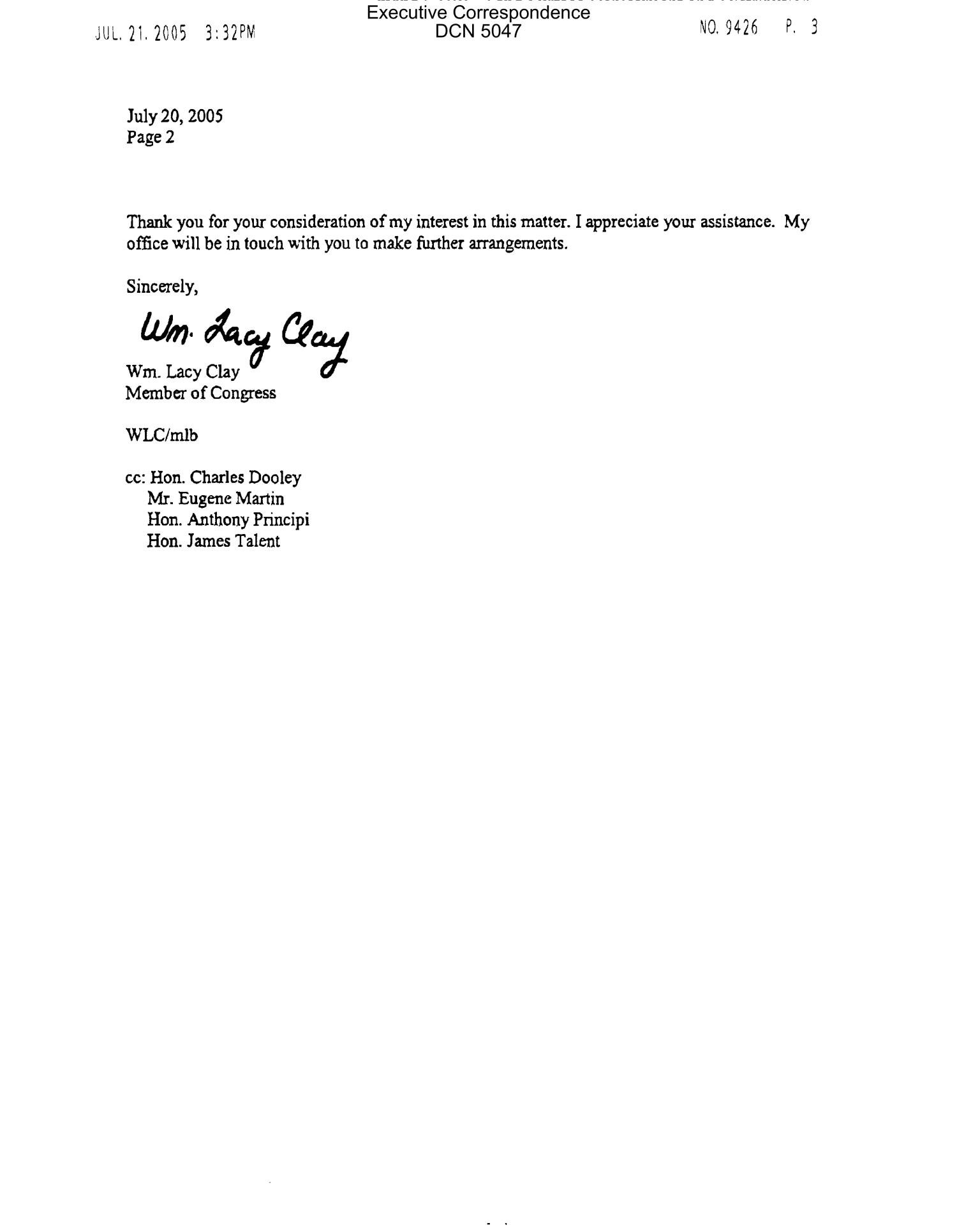 Executive Correspondence – Letter dtd 07/20/2005 CC’d to Chairman ...